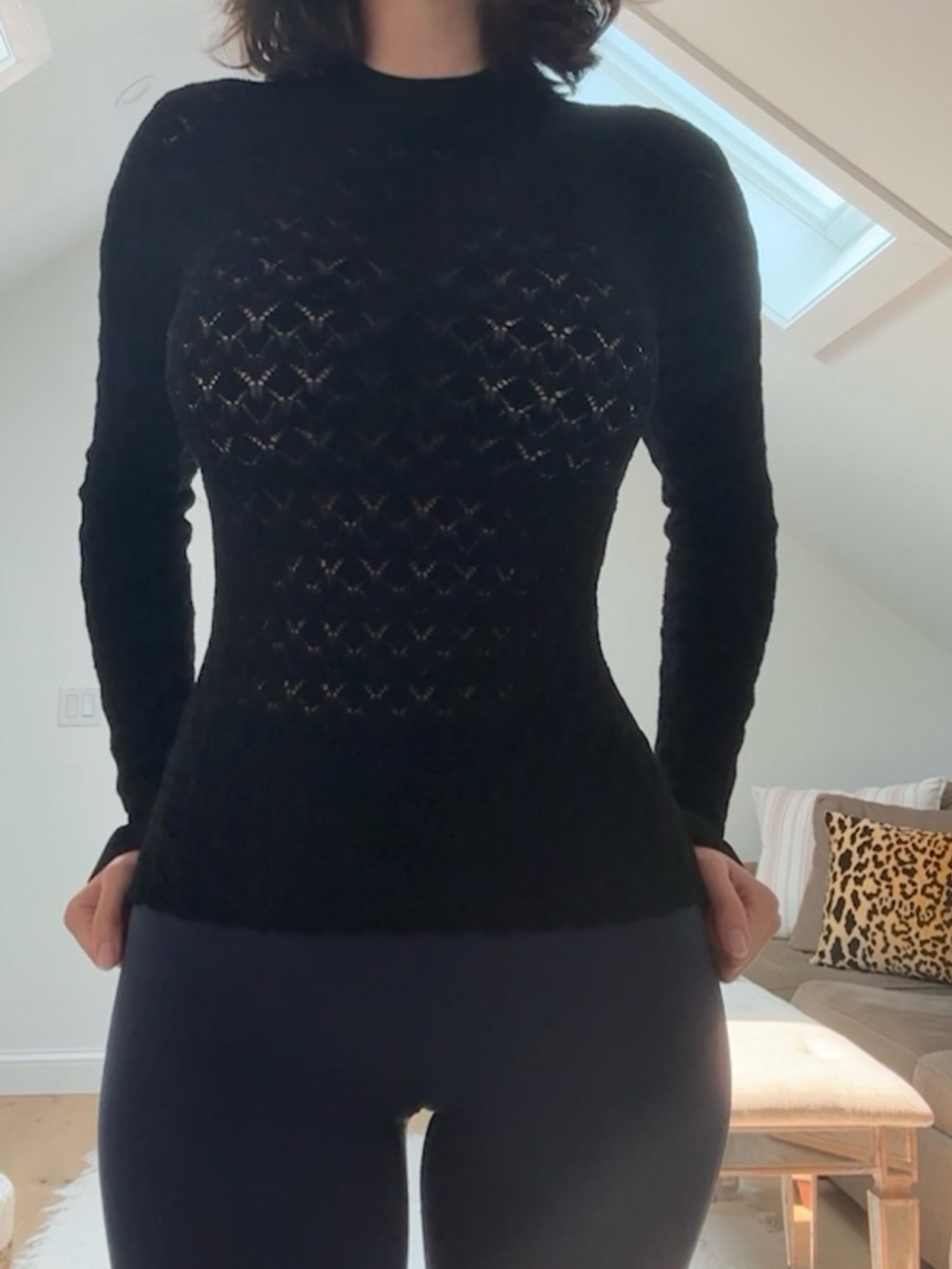 Sea New York Black Long-Sleeve sheer open Knit Crewneck Top